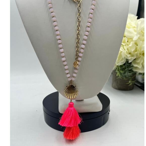 Lilly Pulitzer Gold Pave Shell Pink Beaded Vibrant Bright Tassel Long Necklace - Picture 3 of 10